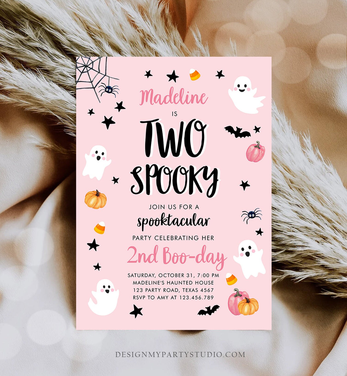 Editable Halloween Birthday Invitation 2nd Pink Ghost Costume Party Girl Pink Kids Two Spooky Party Digital Evite Template Printable 0418
