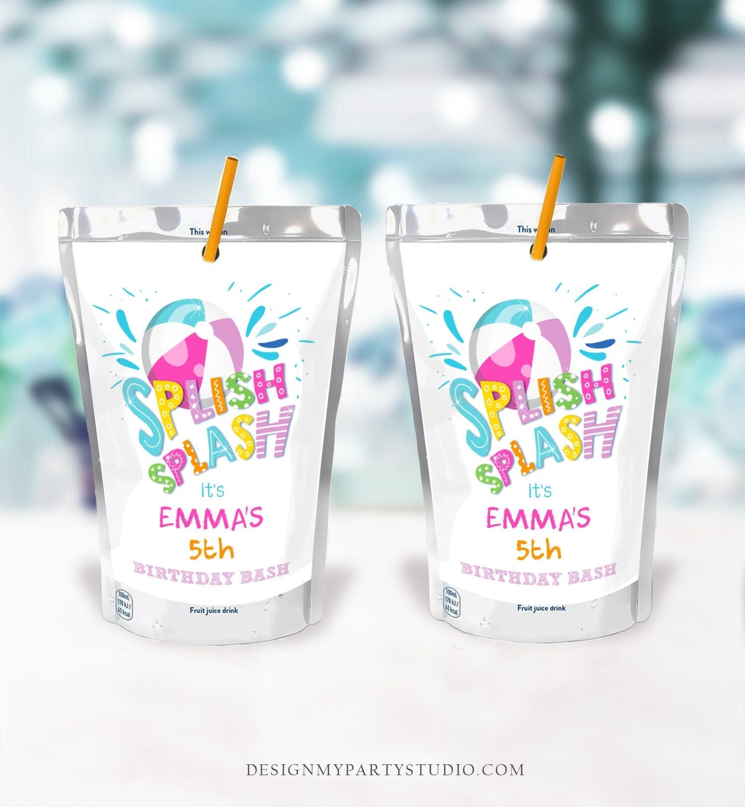 Editable Splish Splash Birthday Juice Pouch Label Juice Favors Pool Party Girl Splash Bash Beach Digital Download Template Printable 0169