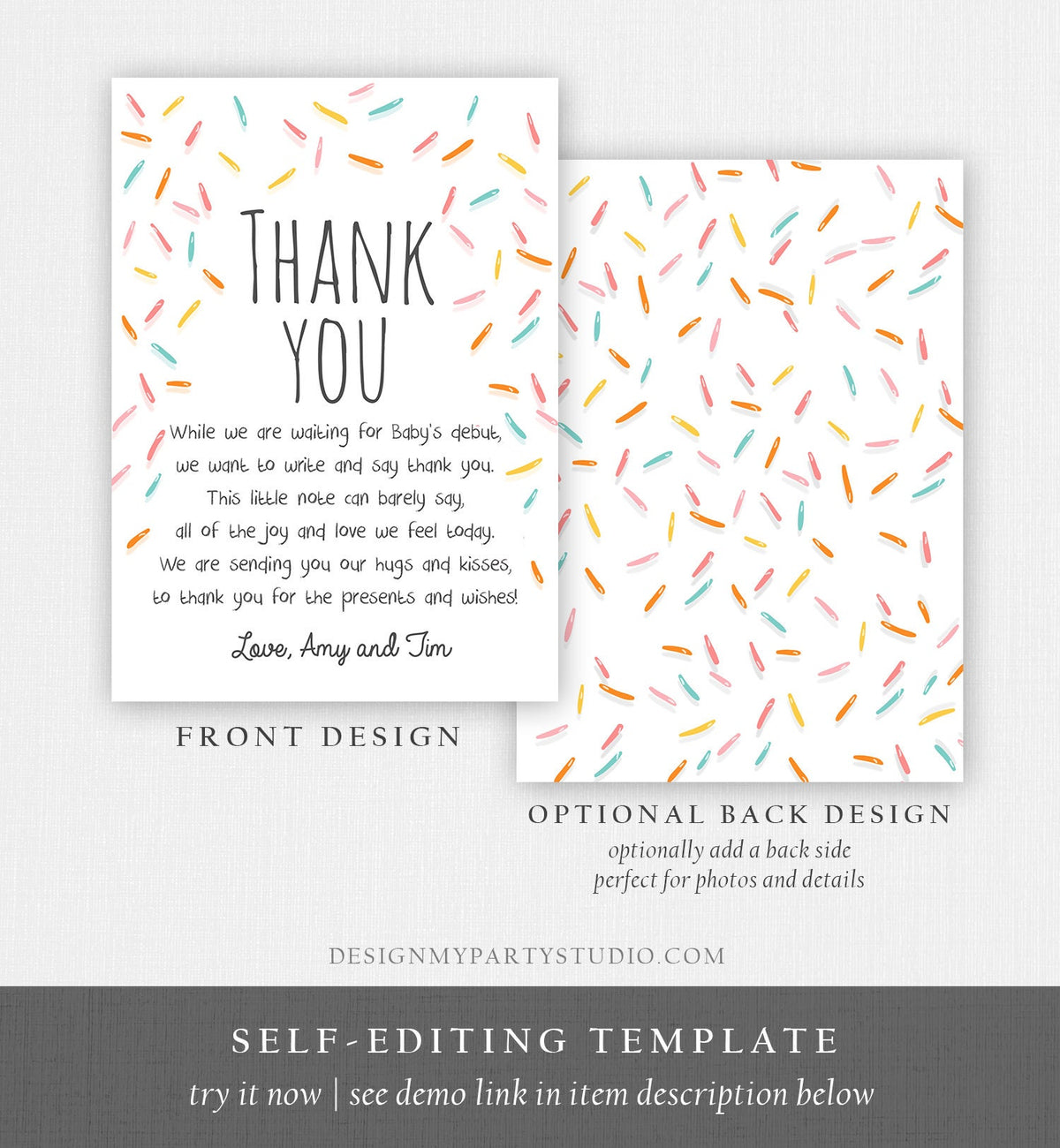 Editable Baby Sprinkle Thank You Card Rainbow Sprinkle Baby Shower Gender Neutral Coed Sprinkles Digital Corjl Template Printable 0216