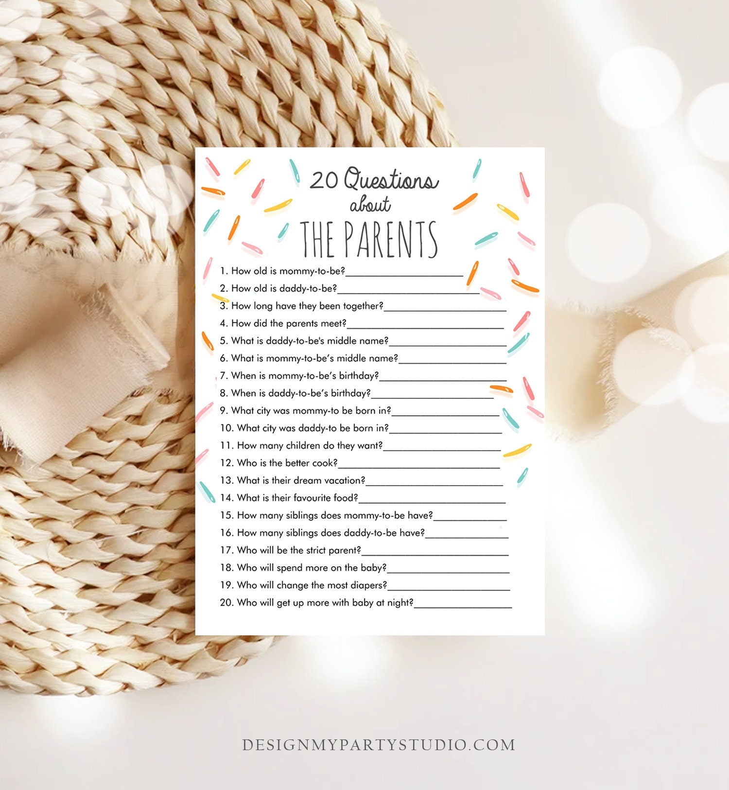 Editable 20 Questions About the Parents Baby Sprinkle Game Baby Shower Gender Neutral Sprinkles Rainbow Digital Template Printable 0216