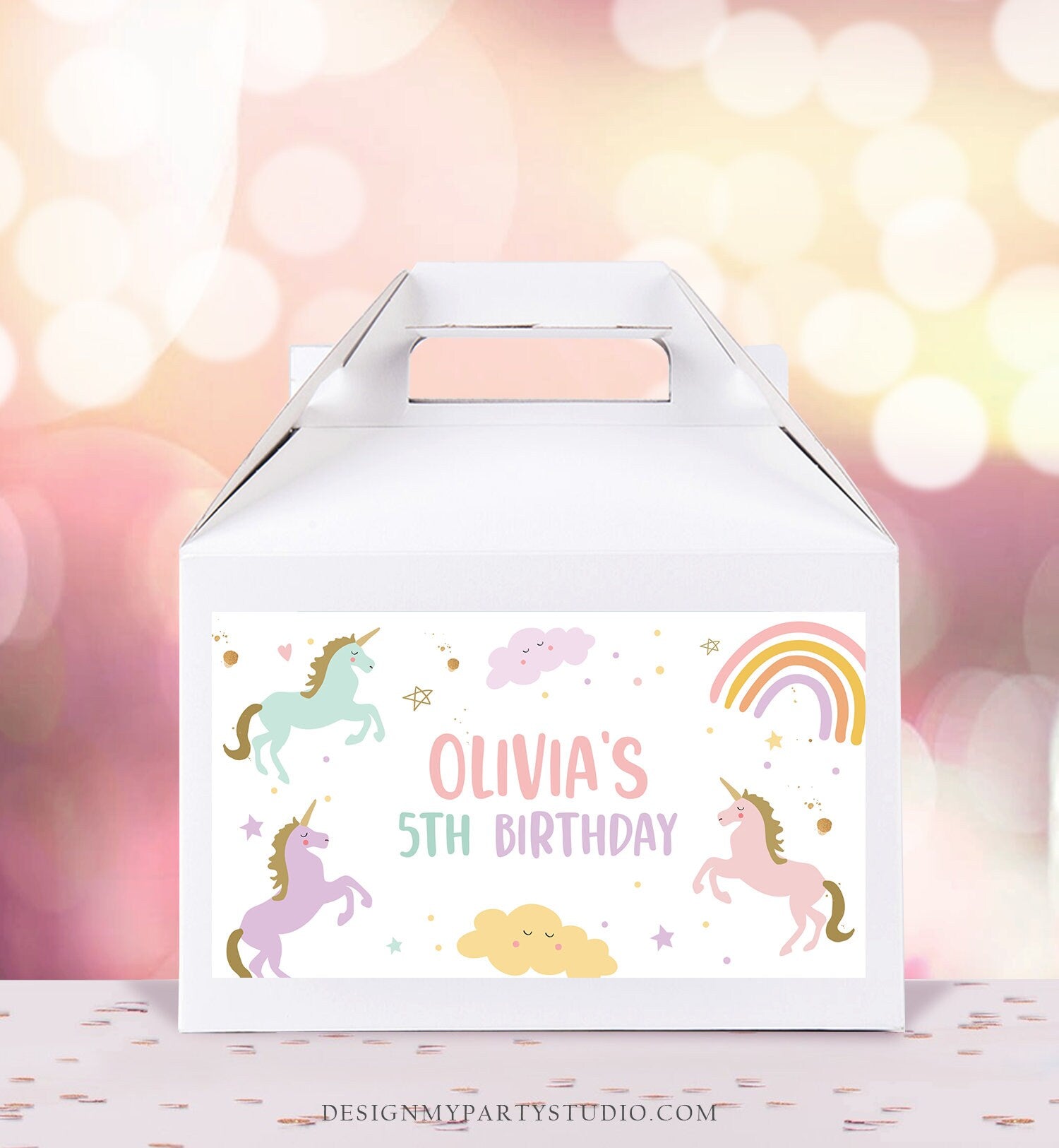 Editable Unicorn Birthday Party Gable Box Favor Label Magical Unicorn Gift Box Labels Girl Pink Pastel Unicorn Download Printable Corjl 0426
