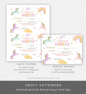 Adopt a Unicorn Certificate Unicorn Adoption Unicorn Birthday Party Magical Birthday Rainbow Girl Instant Download Digital PRINTABLE 0426