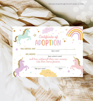 Adopt a Unicorn Certificate Unicorn Adoption Unicorn Birthday Party Magical Birthday Rainbow Girl Instant Download Digital PRINTABLE 0426