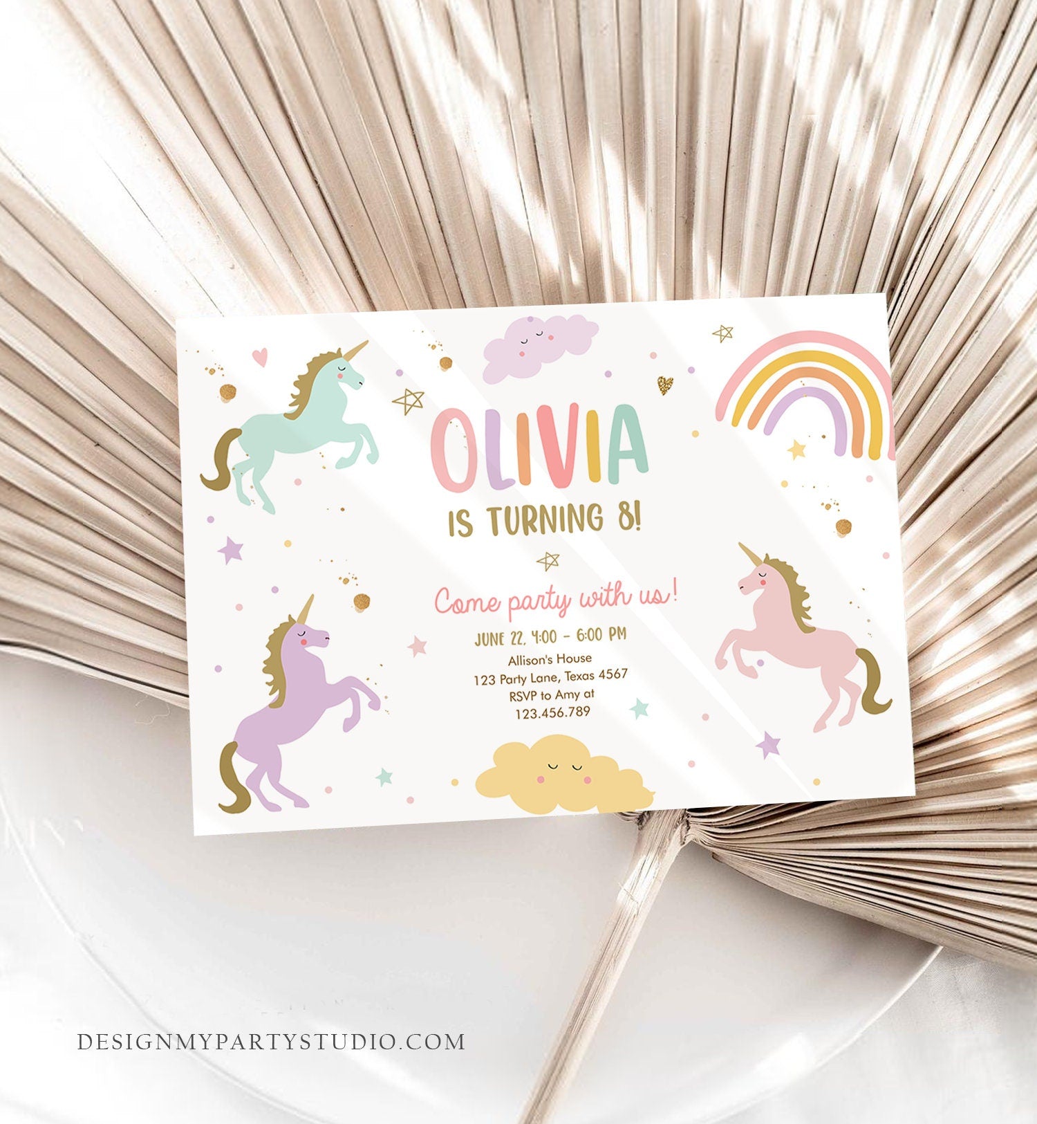 Editable Unicorn Birthday Invitation Magical Party Invite Girl Pink Pastel First Digital Unicorn Party Template Rainbow Download Corjl 0426