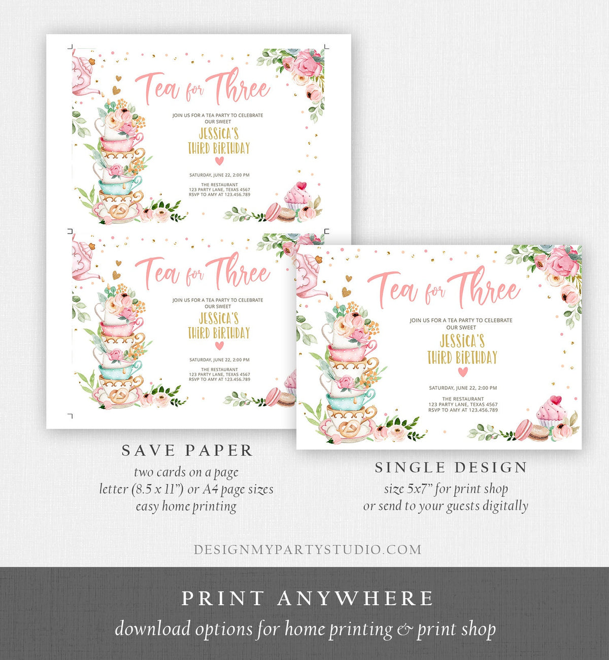 Editable Tea for Three Birthday Invitation Girl Tea Party Invite Pink Gold Floral Peach Third Birthday 3rd Corjl Template Printable 0349