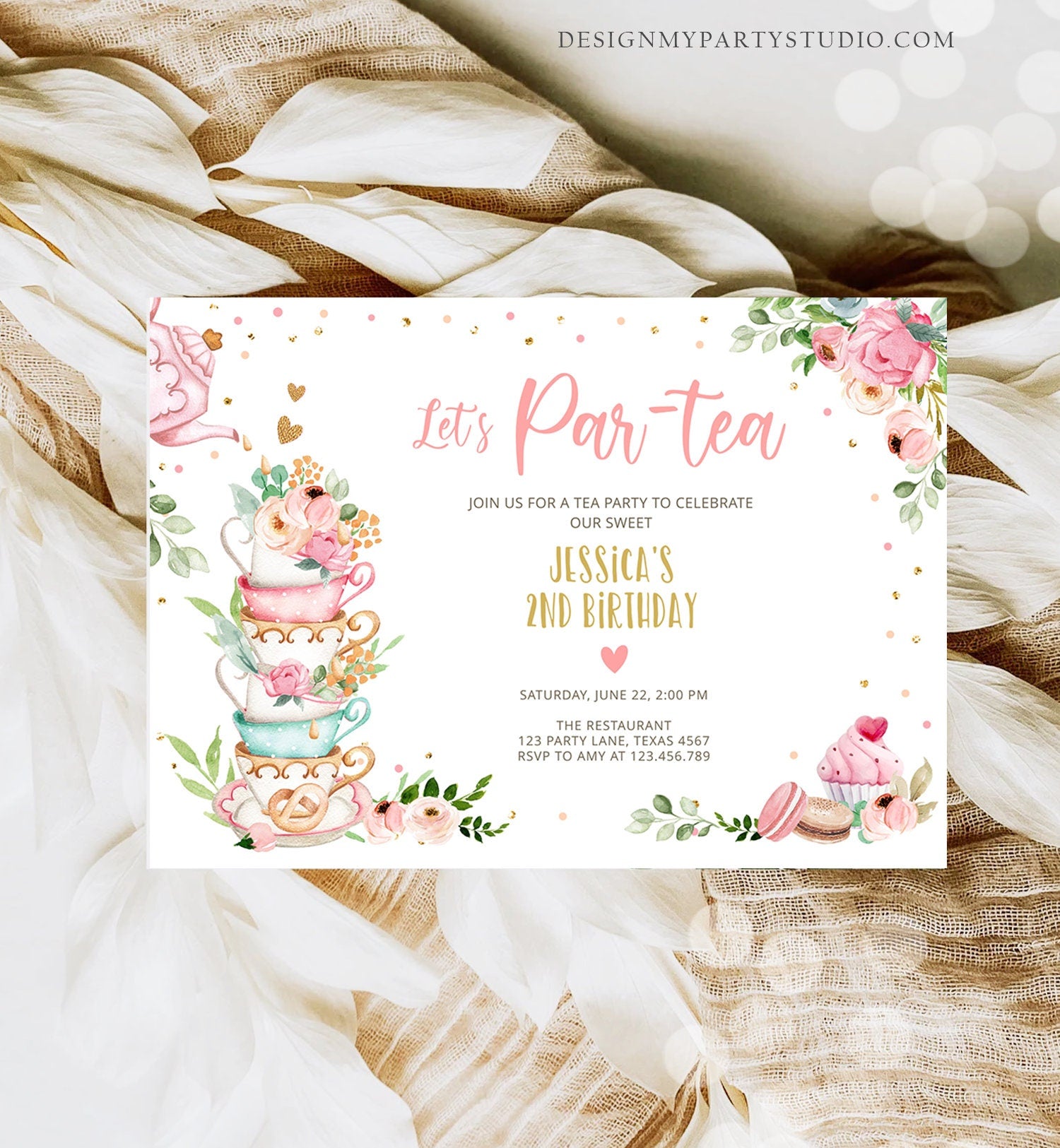 Editable Tea Party Birthday Invitation Girl Par-Tea Invite Floral Pink Gold Whimsical Tea Digital Download Evite Template Printable 0349