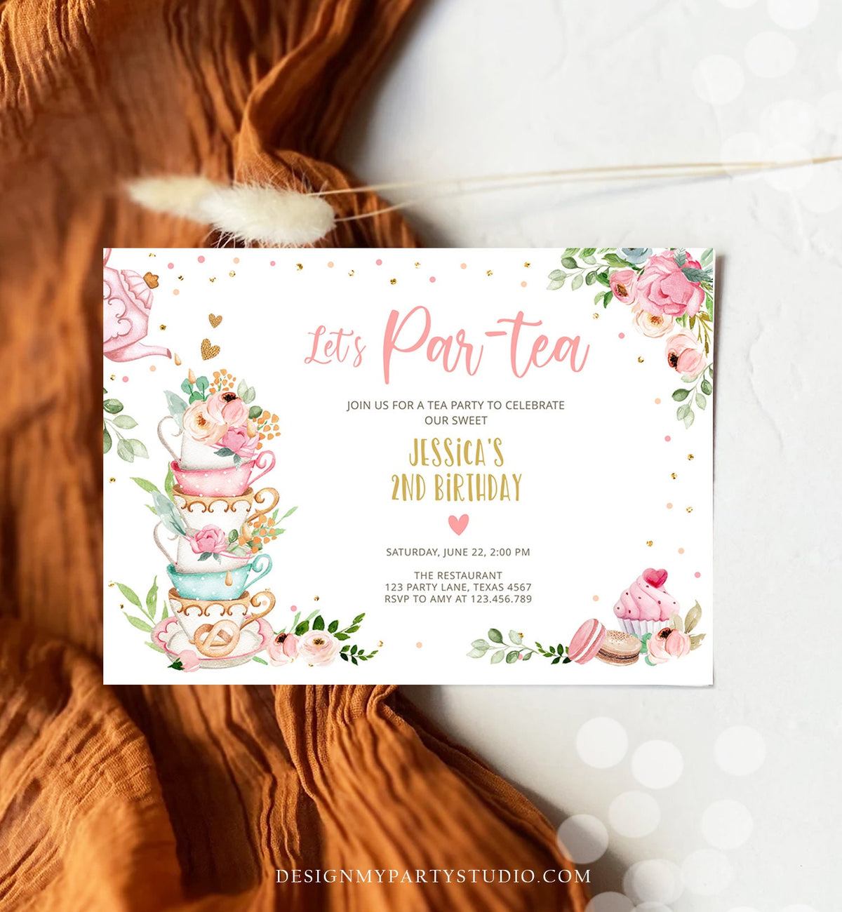 Editable Tea Party Birthday Invitation Girl Par-Tea Invite Floral Pink Gold Whimsical Tea Digital Download Evite Template Printable 0349