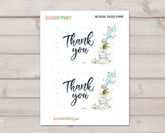 Tea Party Thank you Card Floral Tea Baby Shower Thank You Note 4x6&quot; Boy Blue Tea Birthday Tea for Two PRINTABLE Instant Download 0349