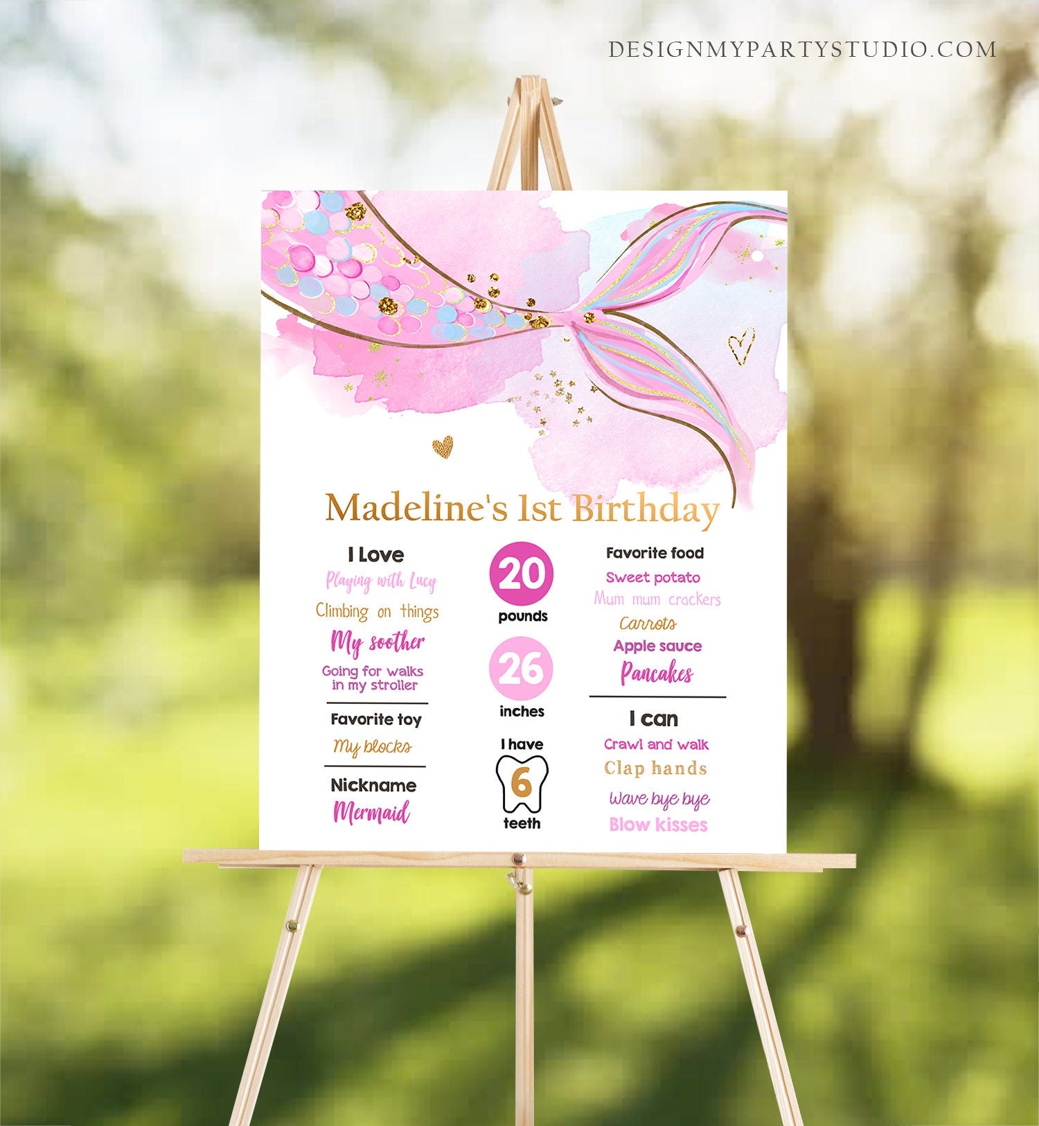 Editable Mermaid Birthday Milestones Sign Mermaid Tail Girl 1st Birthday Under The Sea Pink Purple Gold First Template Printable Corjl 0403