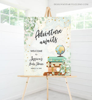 Editable Adventure Awaits Welcome Sign Baby Shower Traveling Around the World Travel Adventure Bridal Shower Floral Blue Corjl Template 0030
