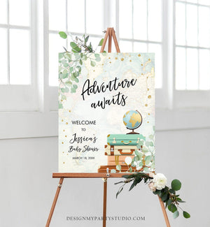 Editable Adventure Awaits Welcome Sign Baby Shower Traveling Around the World Travel Adventure Bridal Shower Floral Blue Corjl Template 0030