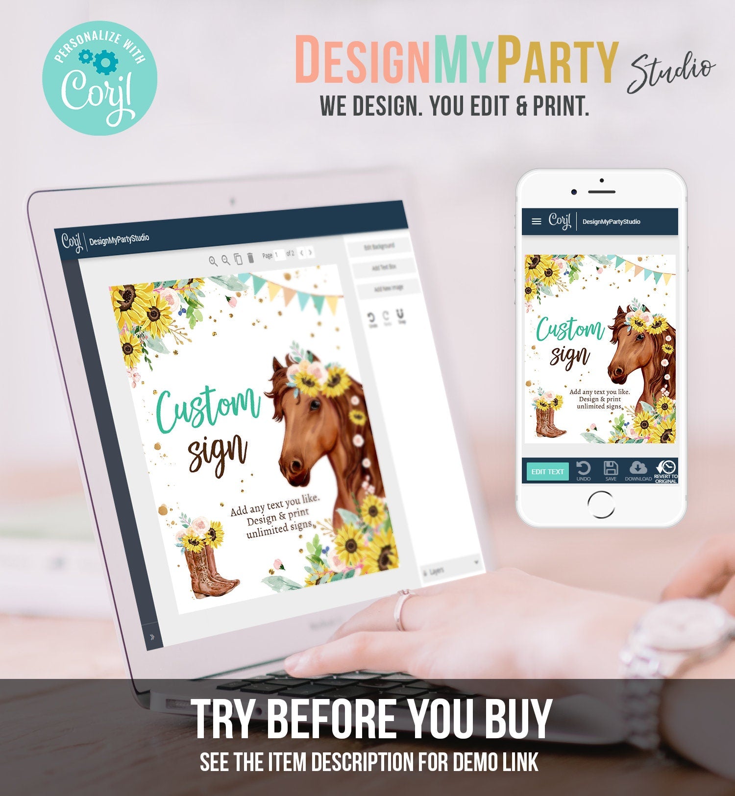 Editable Custom Horse Birthday Party Sign Saddle Up Cowgirl Party Sign Sunflowers Horse Girl Table Sign 8x10 Digital Template Printable 0408