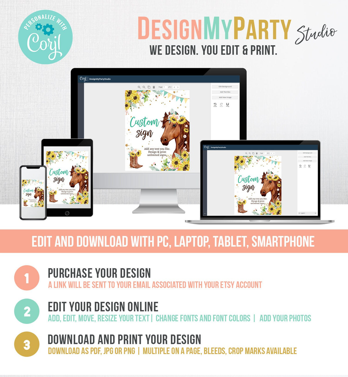 Editable Custom Horse Birthday Party Sign Saddle Up Cowgirl Party Sign Sunflowers Horse Girl Table Sign 8x10 Digital Template Printable 0408