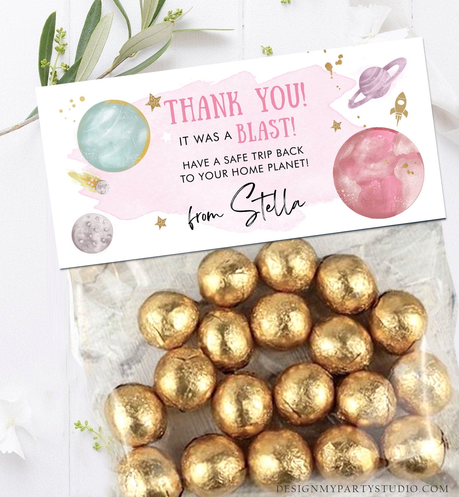 Editable Outer Space Treat Bag Toppers Space Birthday Party Favors Thank You A Blast Girl Pink Party Trip Around the Sun Corjl Template 0357
