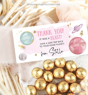 Editable Outer Space Treat Bag Toppers Space Birthday Party Favors Thank You A Blast Girl Pink Party Trip Around the Sun Corjl Template 0357