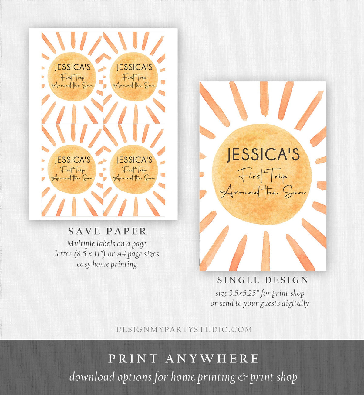 Editable Sunshine Juice Pouch Label Juice Favors Watercolor Birthday Party First Trip Around Sun Digital Download Template Printable 0431