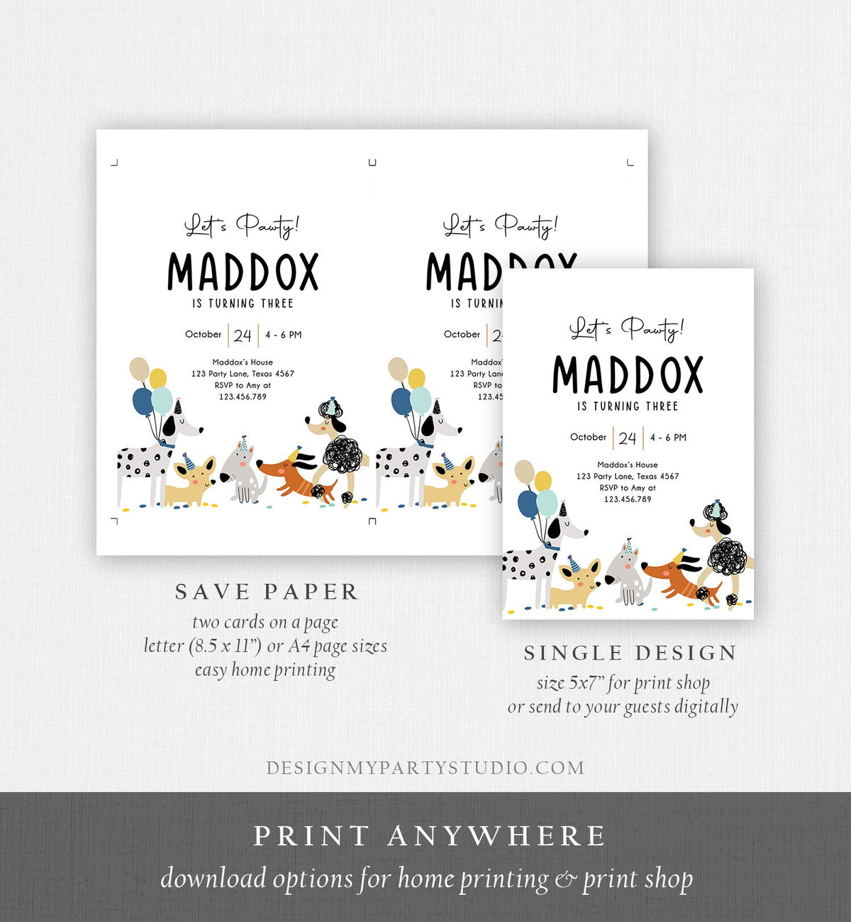 Editable Dog Birthday Party Invitation Puppy Birthday Invite Boy Pawty Birthday Animal Pet Vet Woof Download Printable Template Evite 0429