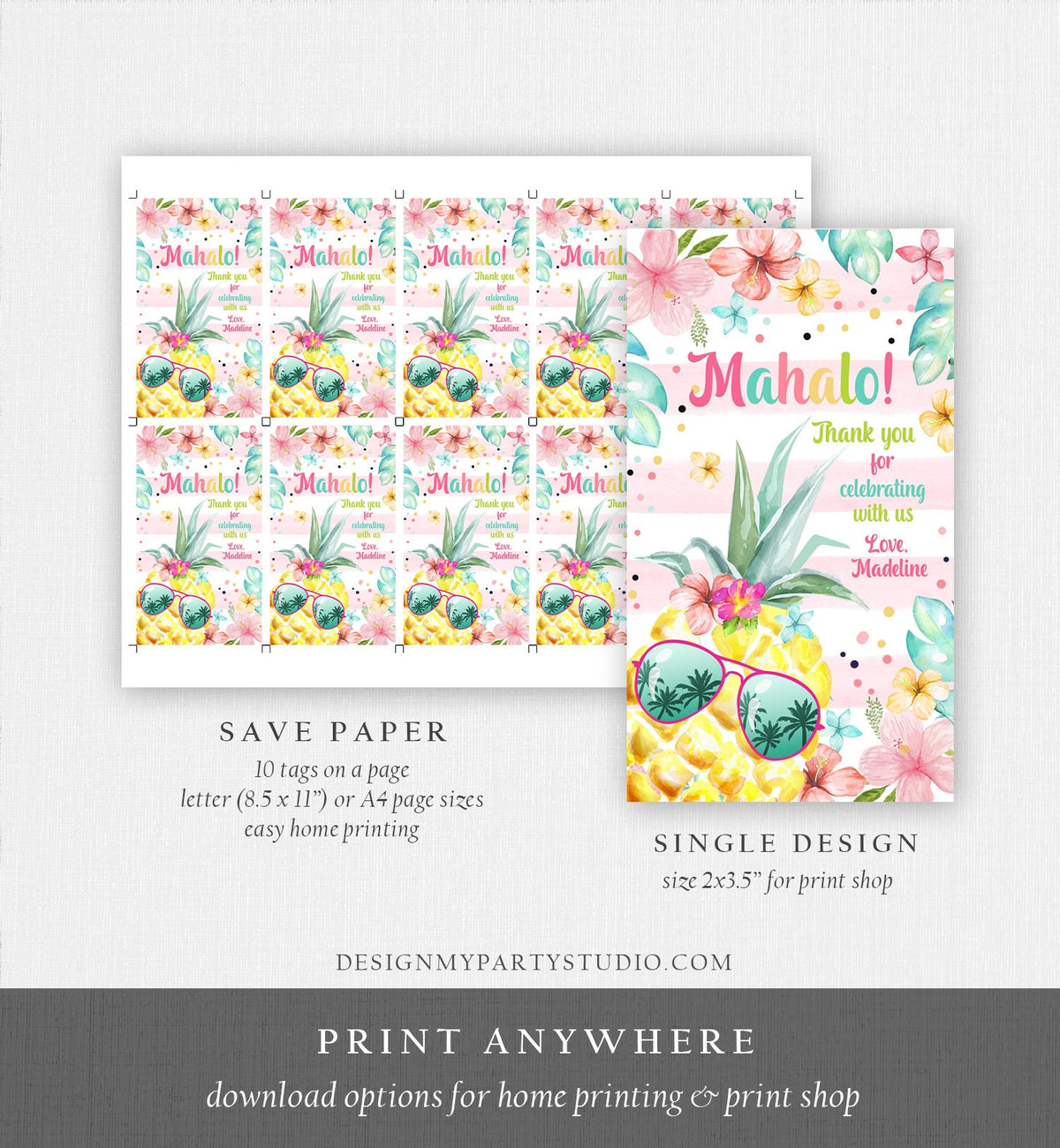Editable Mahola Aloha Hawaiian Favor Tag Luau Birthday Party Pineapple Favor Tag Mahalo Pool Party Pink Girl Digital Template Printable 0391
