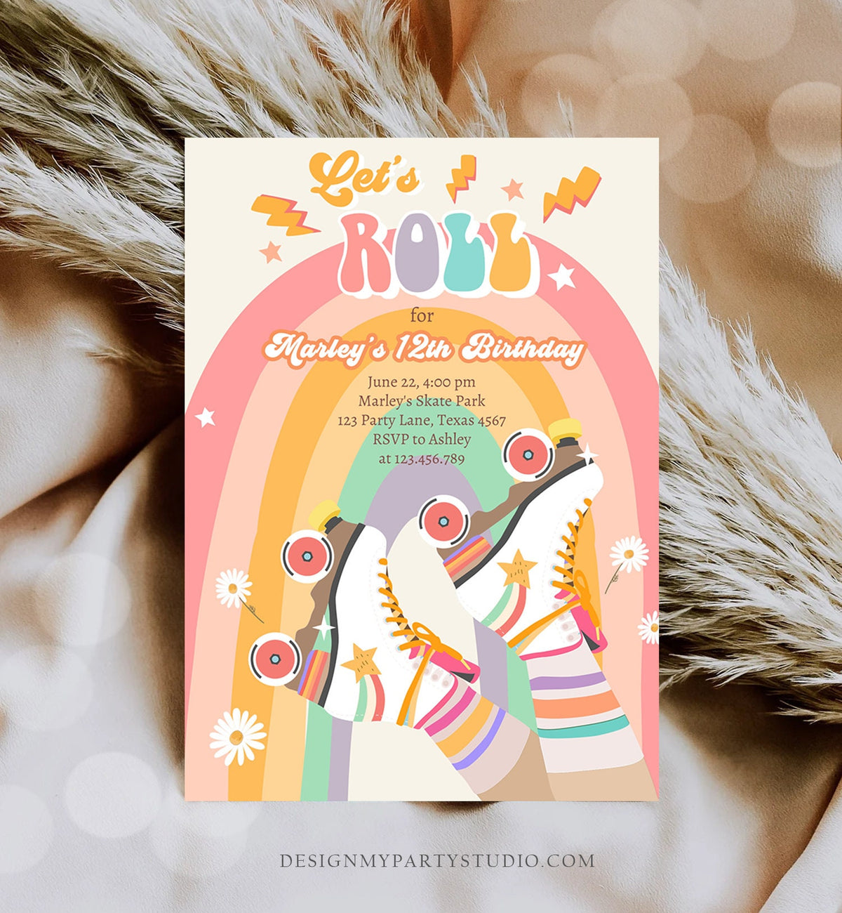 Editable Retro Roller Skate Birthday Party Invitation Let&#39;s Roll Skating Kids Rainbow 70&#39;s Skate Invite Download Template Corjl Digital 0435