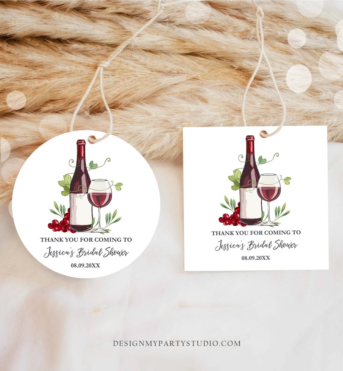 Editable Wine Bridal Shower Favor Tags Thank You Tags Mini Wine Bottle Round Square Wedding Sip Sip Hooray Rustic Corjl Template 0234