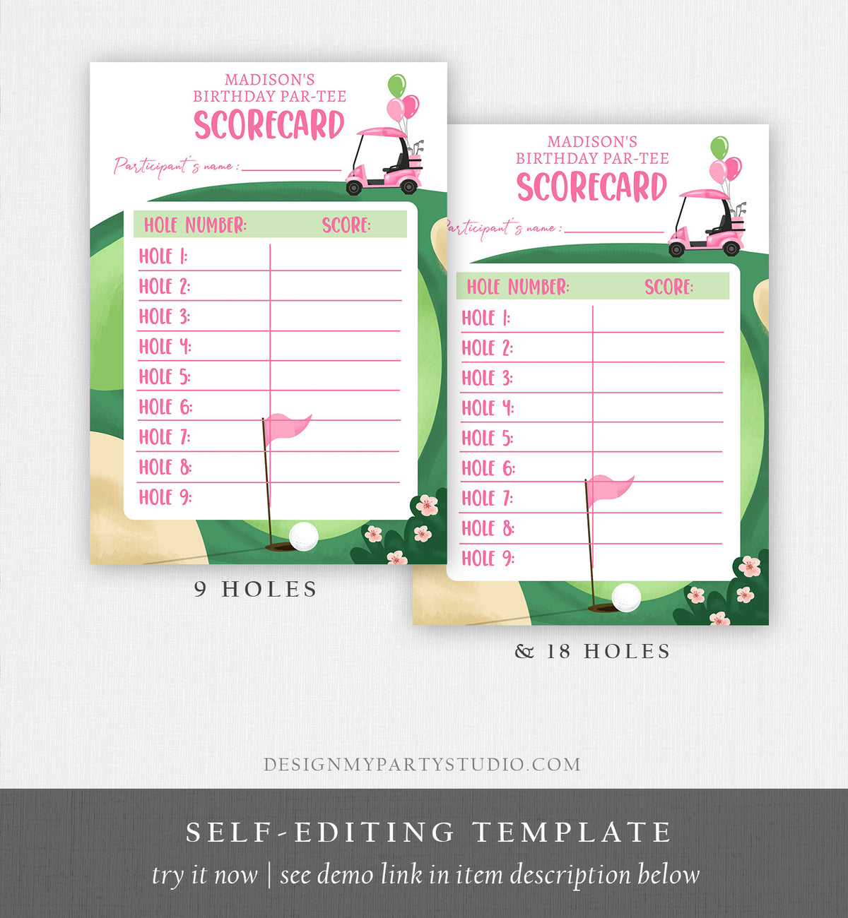 Editable Golf Score Card Birthday Par-tee Game Golfing Girl Pink Golf Baby Shower Activity Digital Download Template Printable 0405