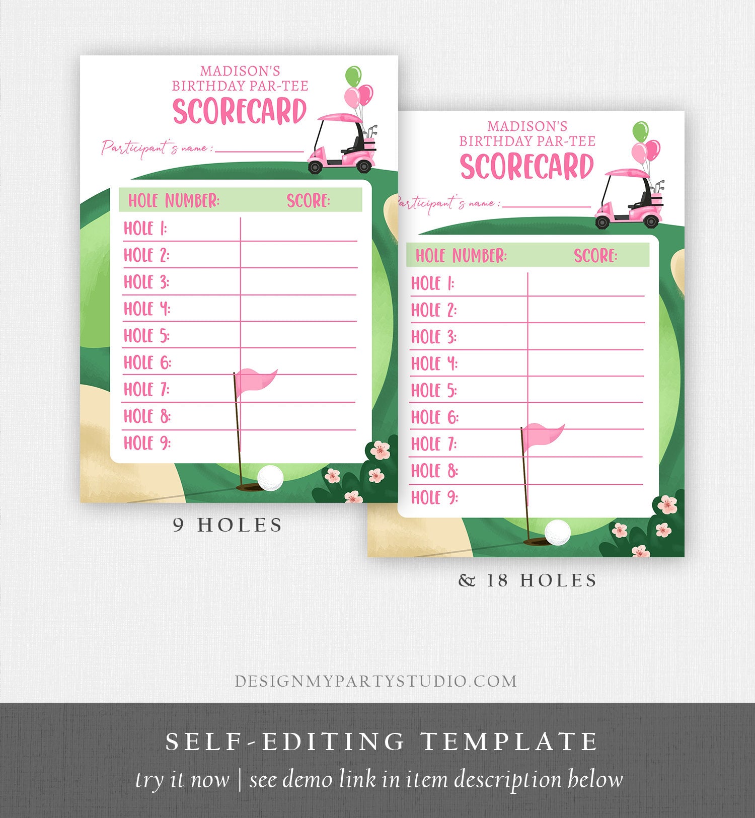 Editable Golf Score Card Birthday Par-tee Game Golfing Girl Pink Golf Baby Shower Activity Digital Download Template Printable 0405