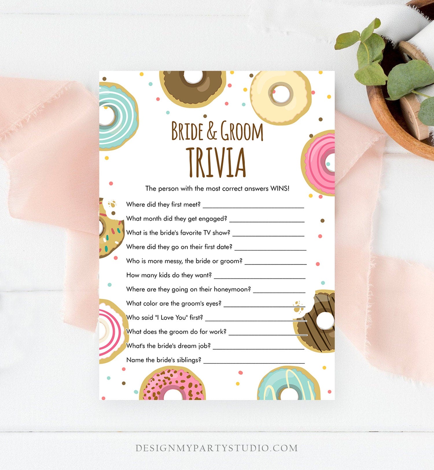 Editable Bride and Groom Trivia Bridal Shower Game Donut Coed Shower Doughnut Mind if I Do Wedding Activity Corjl Template Printable 0050