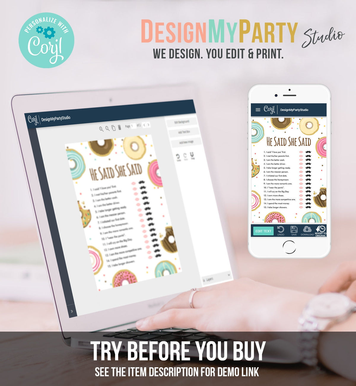 Editable He Said She Said Donut Bridal Shower Game Bride Groom Couples Mind if I Do Wedding Activity Digital Template Printable 0050