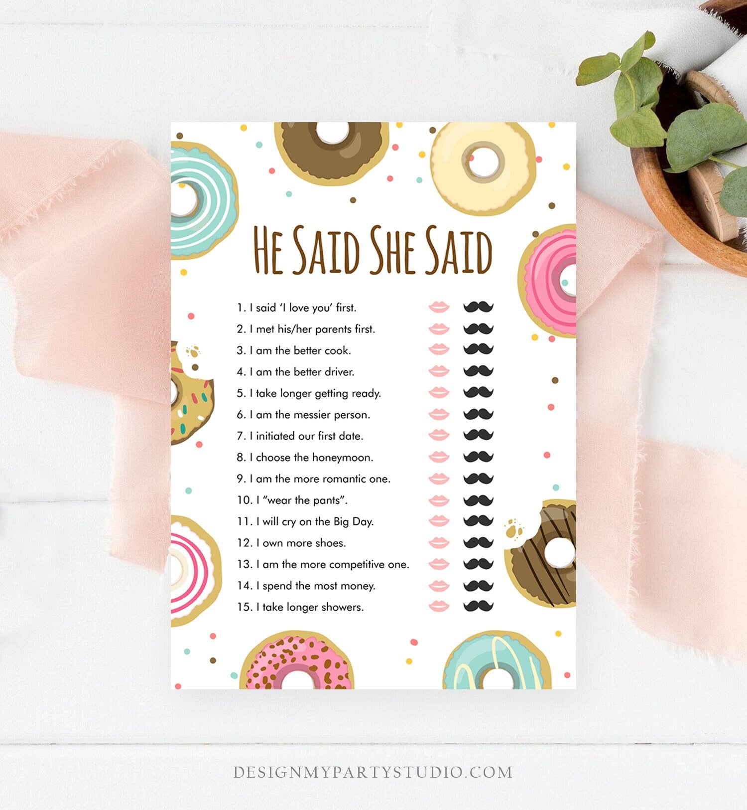 Editable He Said She Said Donut Bridal Shower Game Bride Groom Couples Mind if I Do Wedding Activity Digital Template Printable 0050