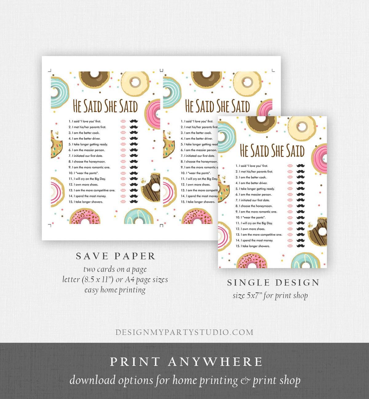 Editable He Said She Said Donut Bridal Shower Game Bride Groom Couples Mind if I Do Wedding Activity Digital Template Printable 0050