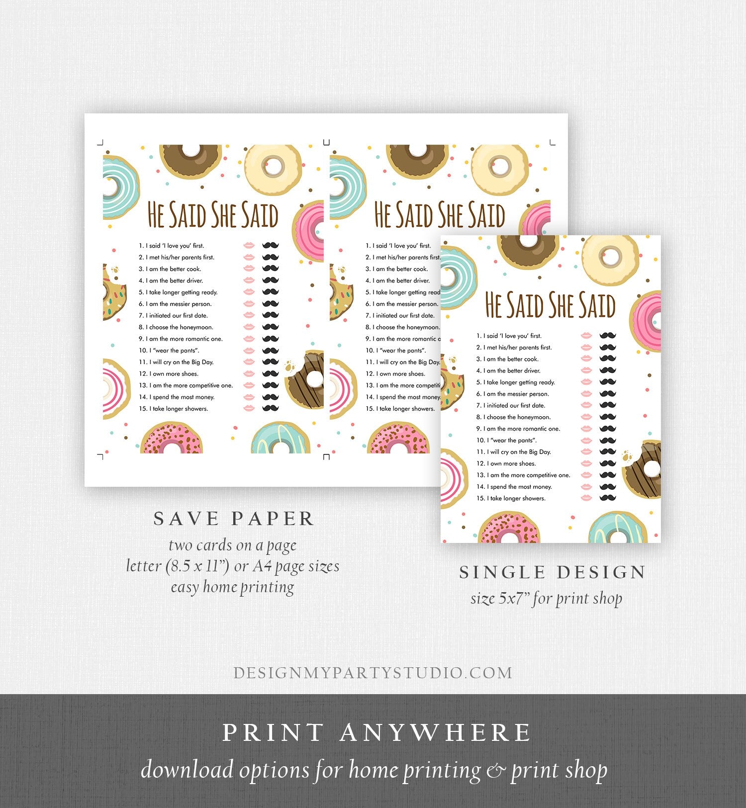 Editable He Said She Said Donut Bridal Shower Game Bride Groom Couples Mind if I Do Wedding Activity Digital Template Printable 0050