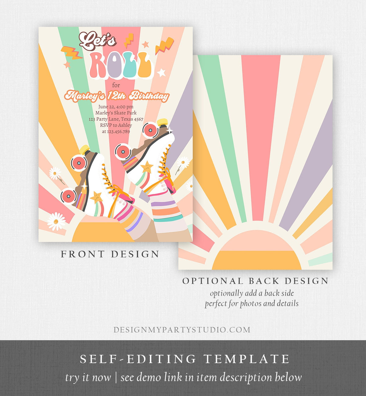 Editable Retro Roller Skating Birthday Party Invitation Groovy Skating Kids Flower Power Rainbow 70&#39;s Digital Evite Template Printable 0435