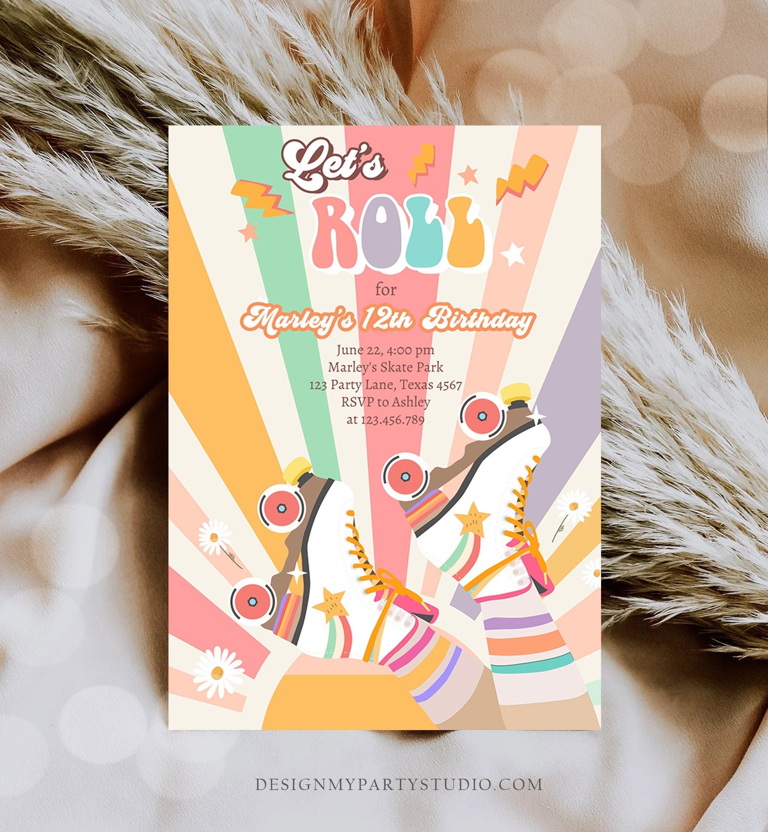 Editable Retro Roller Skating Birthday Party Invitation Groovy Skating Kids Flower Power Rainbow 70's Digital Evite Template Printable 0435