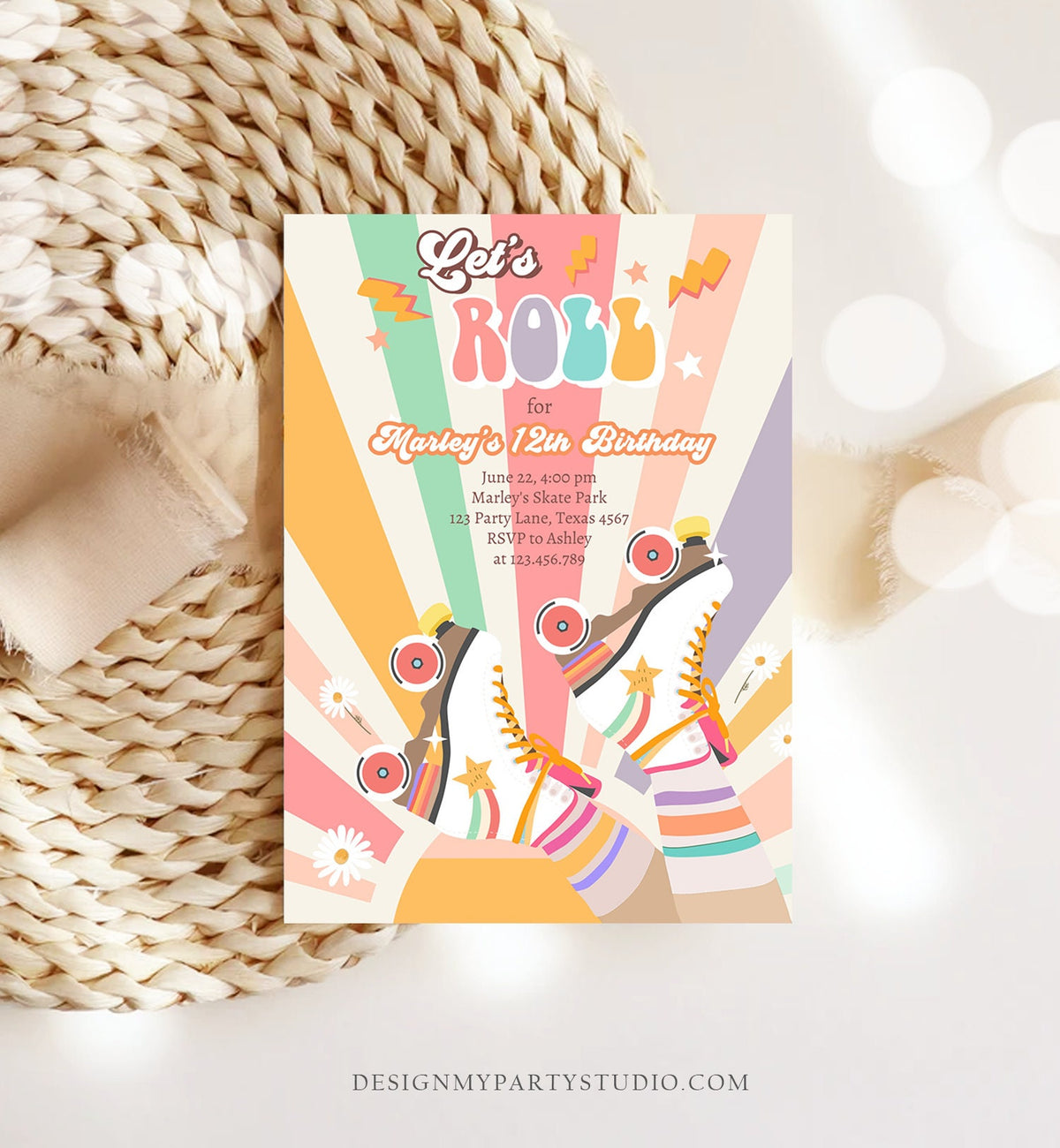 Editable Retro Roller Skating Birthday Party Invitation Groovy Skating Kids Flower Power Rainbow 70&#39;s Digital Evite Template Printable 0435