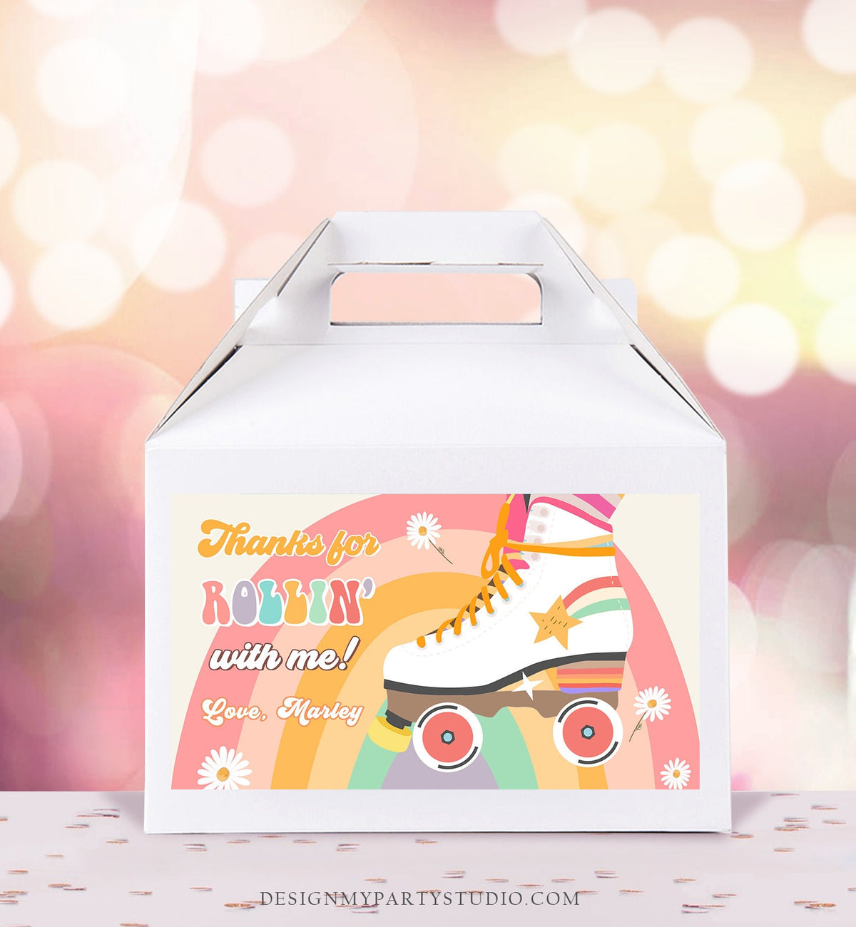 Editable Retro Skate Birthday Party Gable Box Favor Label 70&#39;s Gift Box Labels Skating Party Rolling Roller Download Printable Corjl 0435