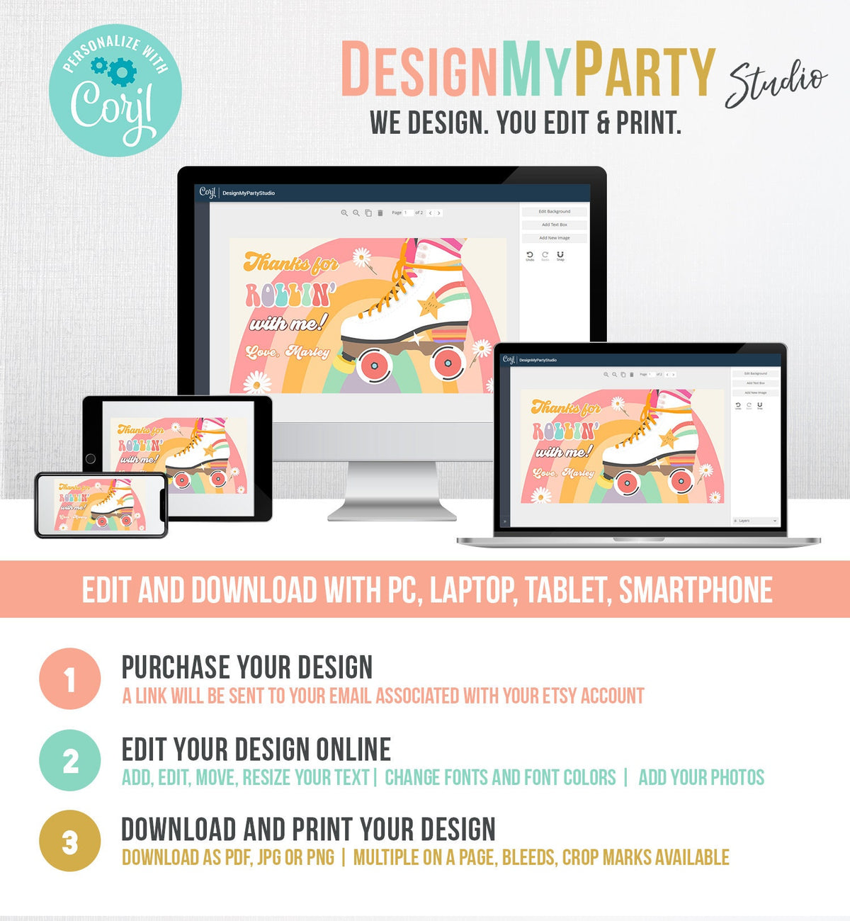 Editable Retro Skate Birthday Party Gable Box Favor Label 70&#39;s Gift Box Labels Skating Party Rolling Roller Download Printable Corjl 0435