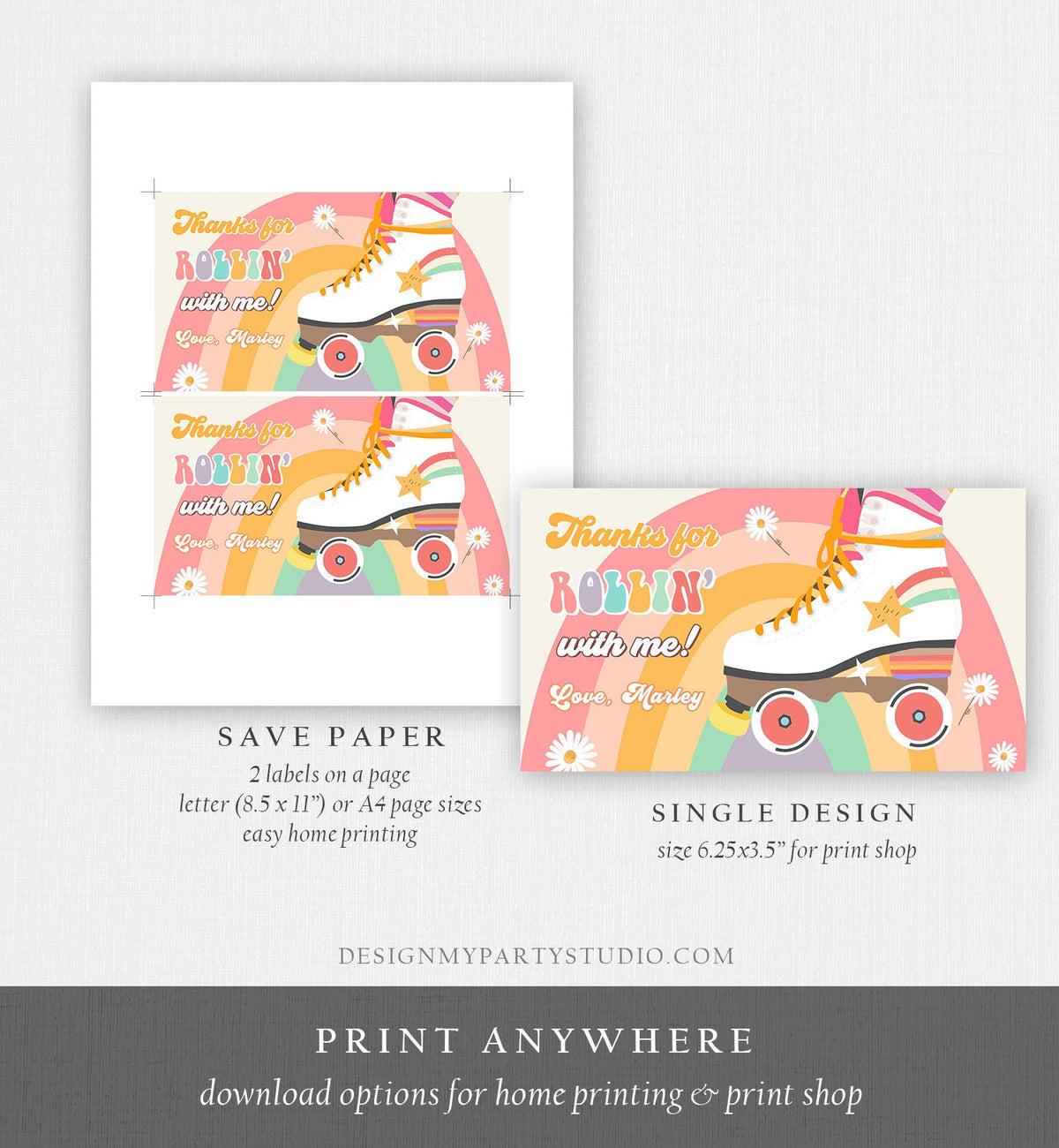 Editable Retro Skate Birthday Party Gable Box Favor Label 70&#39;s Gift Box Labels Skating Party Rolling Roller Download Printable Corjl 0435