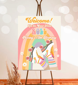 Editable Roller Skate Birthday Welcome Sign Retro Skating Birthday Girl Pink Let's Roll 70's Skate Party Sign Template PRINTABLE Corjl 0435