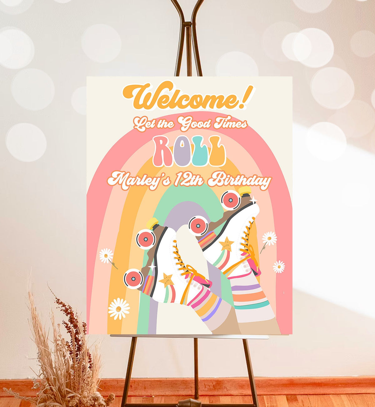 Editable Roller Skate Birthday Welcome Sign Retro Skating Birthday Girl Pink Let&#39;s Roll 70&#39;s Skate Party Digital Template Printable 0435