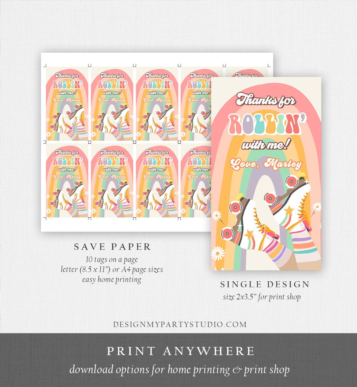 Editable Roller Skating Favor Tag Roller Skate Birthday Thank You Tags Girl Retro Skate Party Disco Digital Download Template Printable 0435