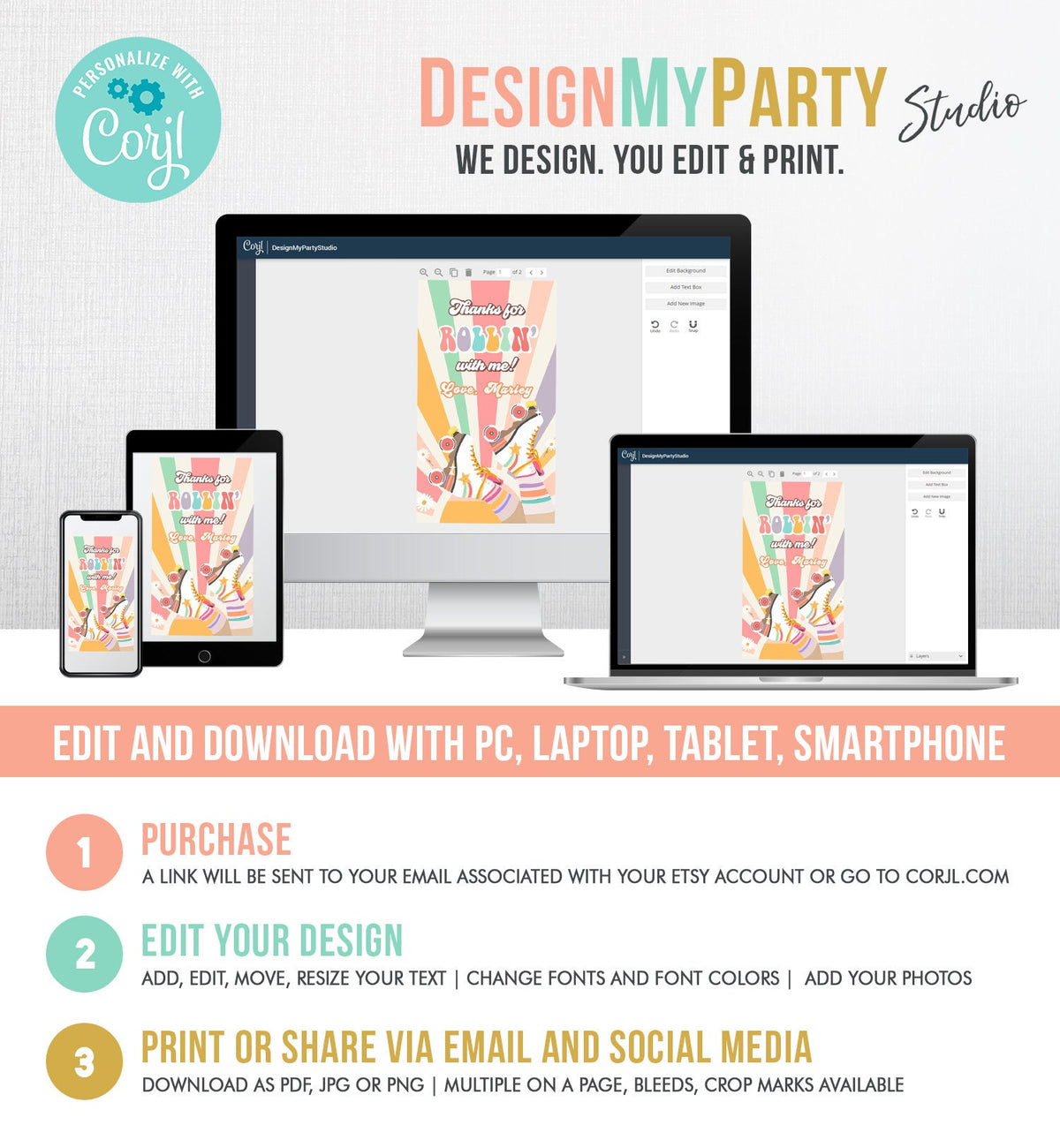 Editable Roller Skating Favor Tag Roller Skate Birthday Thank You Tags Girl Retro Skate Party DIsco Download Printable Corjl Template 0435