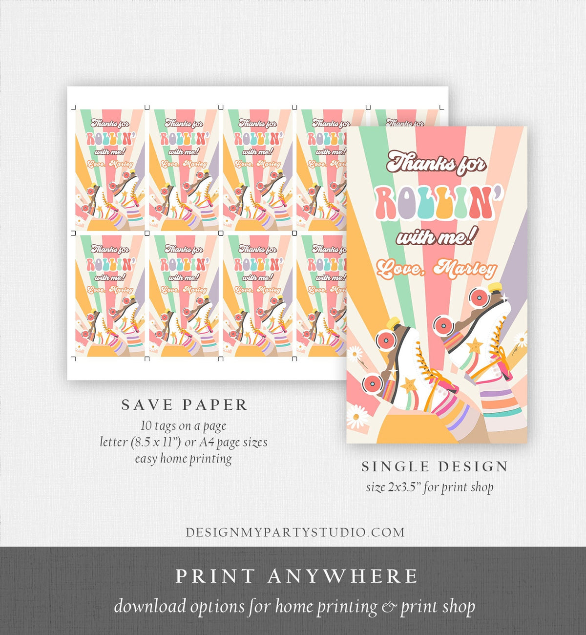 Editable Roller Skating Favor Tag Roller Skate Birthday Thank You Tags Girl Retro Skate Party DIsco Download Printable Corjl Template 0435