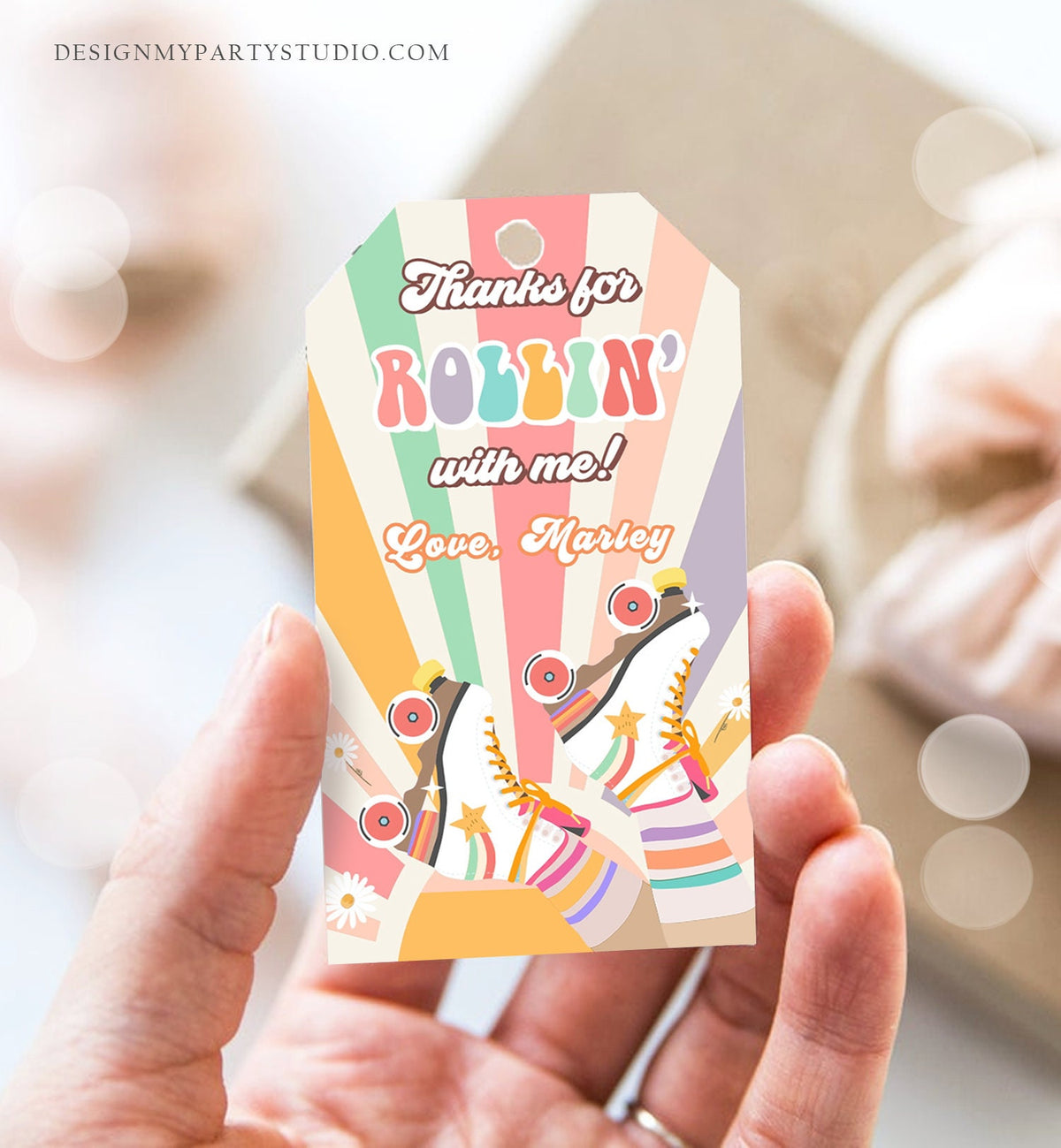 Editable Roller Skating Favor Tag Roller Skate Birthday Thank You Tags Girl Retro Skate Party DIsco Download Printable Corjl Template 0435