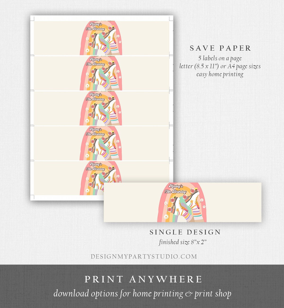 Editable Roller Skate Water Bottle Labels Retro Skate Party Decor Girl Skating Birthday Let&#39;s Roll Labels Pink Template Printable 0435