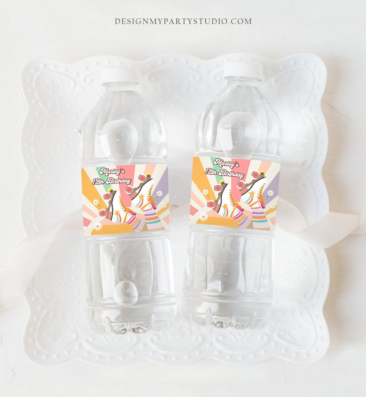 Editable Roller Skate Water Bottle Labels Retro Skate Party Girl Skating Birthday Let&#39;s Roll Labels Pink Digital Template Printable 0435