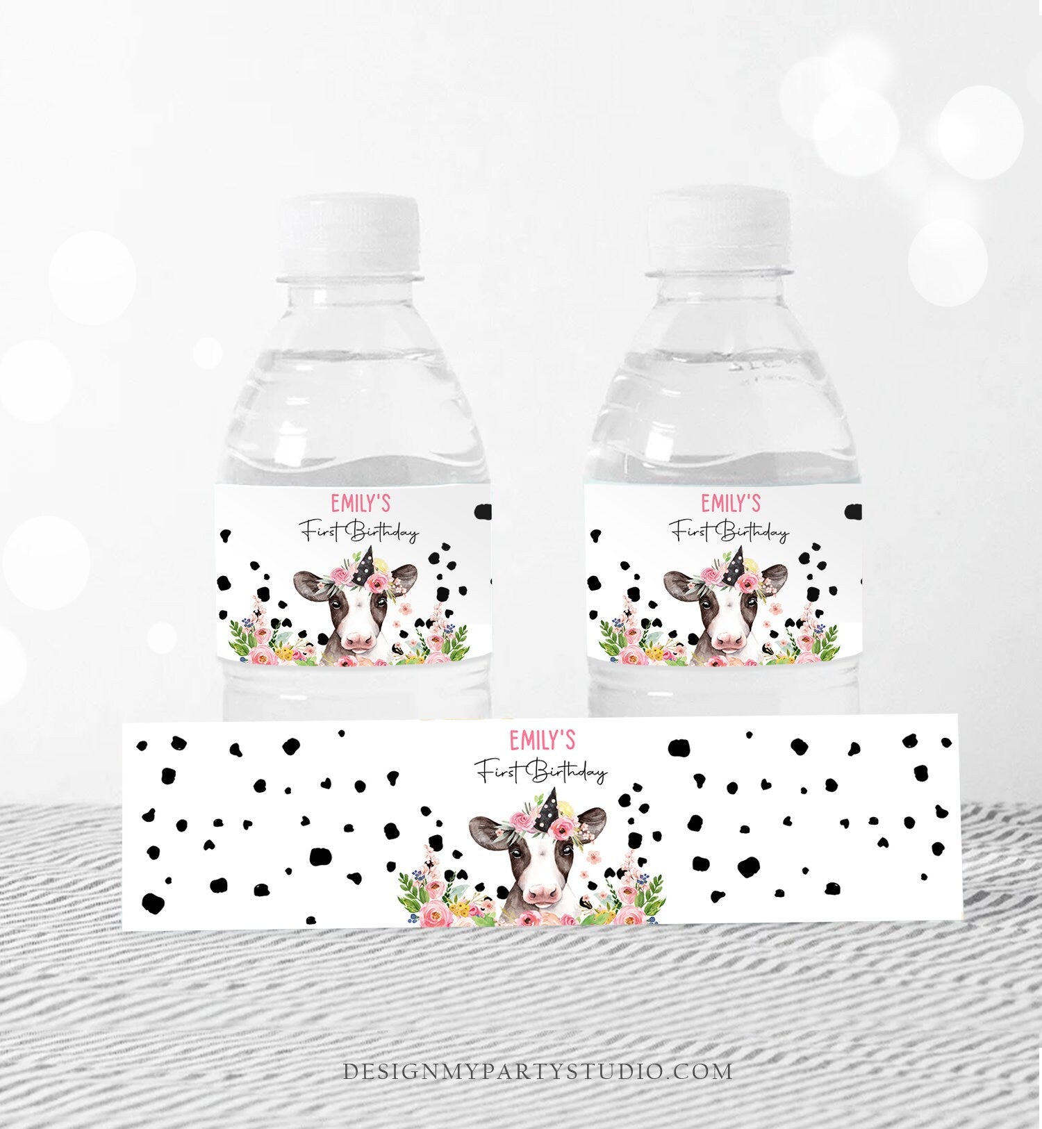 Editable Cow Water Bottle Labels Farm Animals Girl Birthday Barnyard Holy Cow Pink Floral One Printable Bottle Label Template Corjl 0434