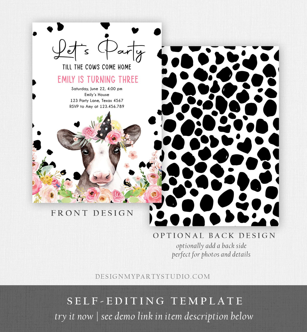 Editable Cow Birthday Invitation Girl Farm Animals Let&#39;s Party Till The Cows Come Home Holy Cow 1st Download Printable Template Corjl 0434