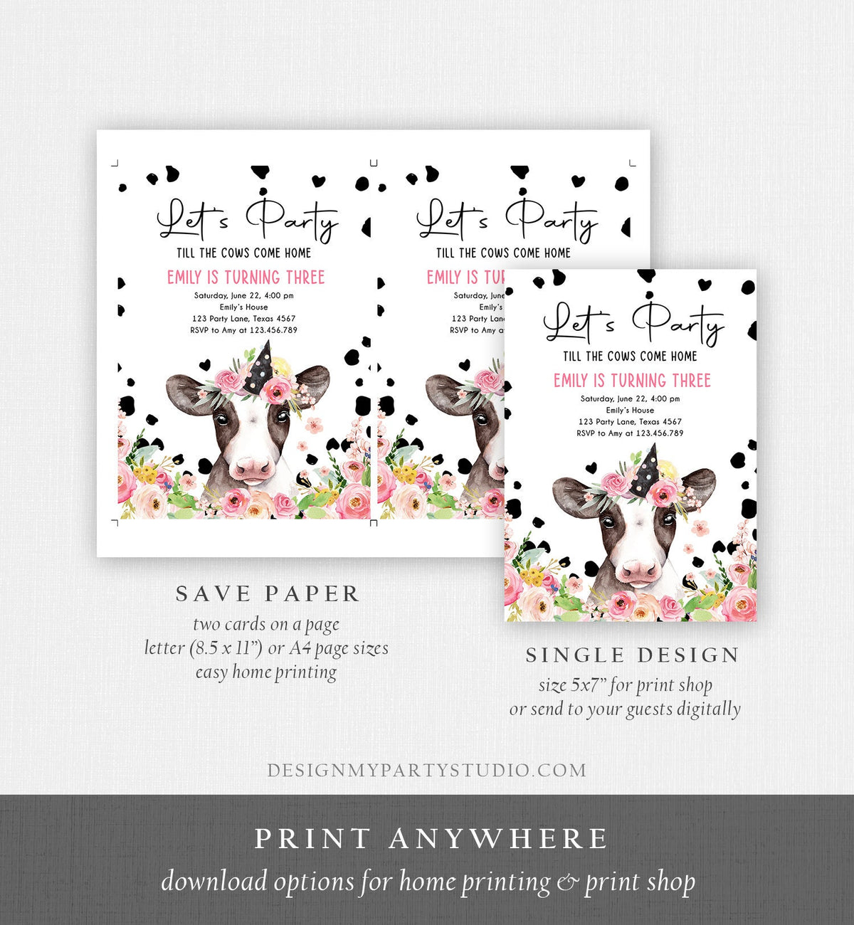 Editable Cow Birthday Invitation Girl Farm Animals Let&#39;s Party Till The Cows Come Home Holy Cow 1st Download Printable Template Corjl 0434