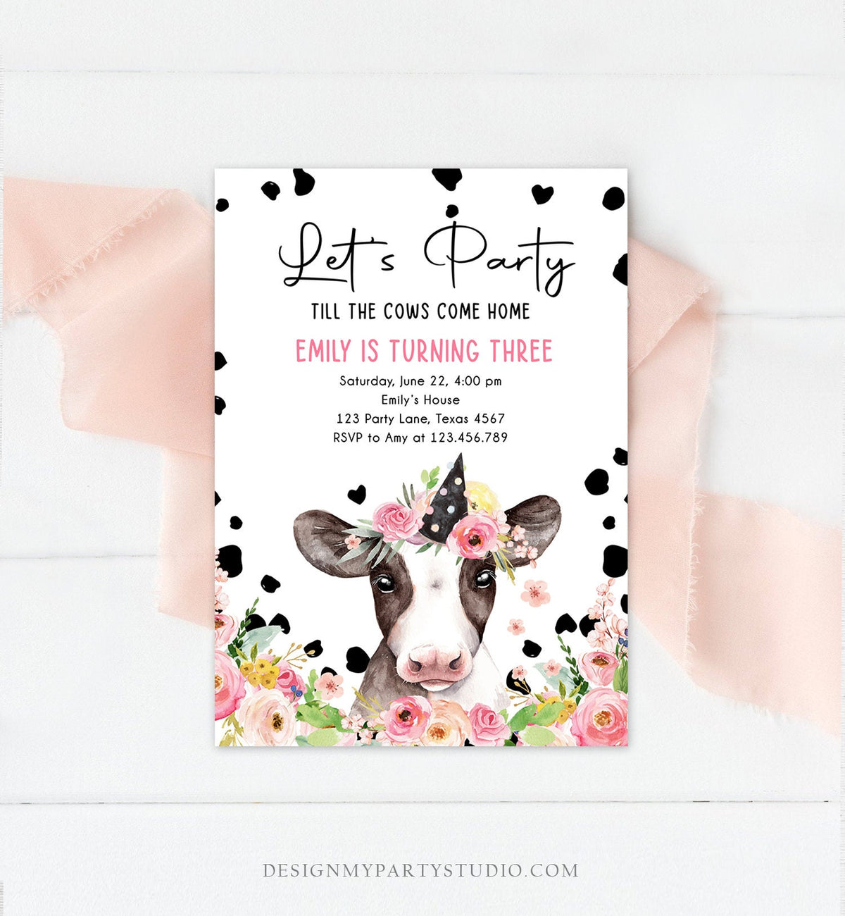 Editable Cow Birthday Invitation Girl Farm Animals Let&#39;s Party Till The Cows Come Home Holy Cow 1st Download Printable Template Corjl 0434