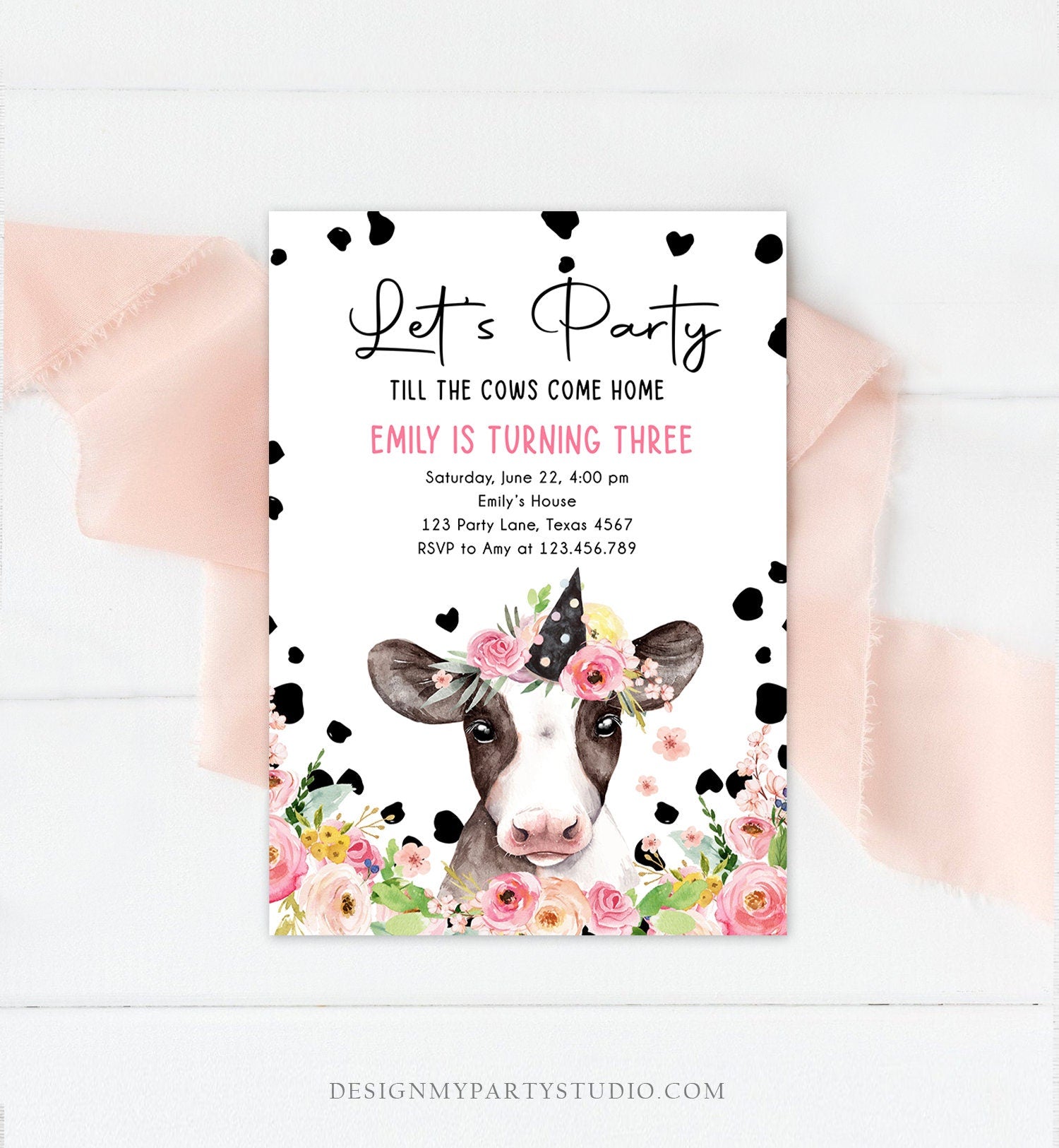 Editable Cow Birthday Invitation Girl Farm Animals Let's Party Till The Cows Come Home Holy Cow 1st Download Printable Template Corjl 0434
